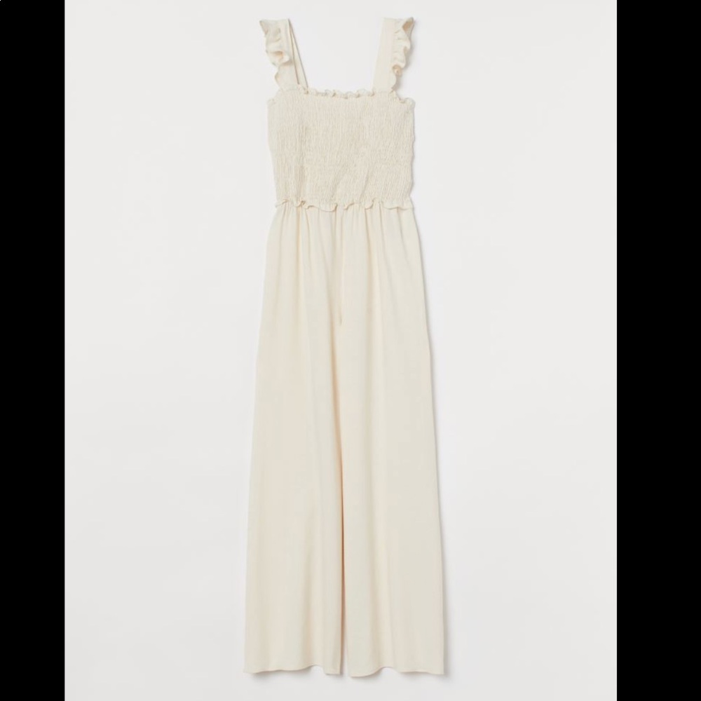 H&M Smocked Linen Wide Leg Cream Ruffle Jumpsuit